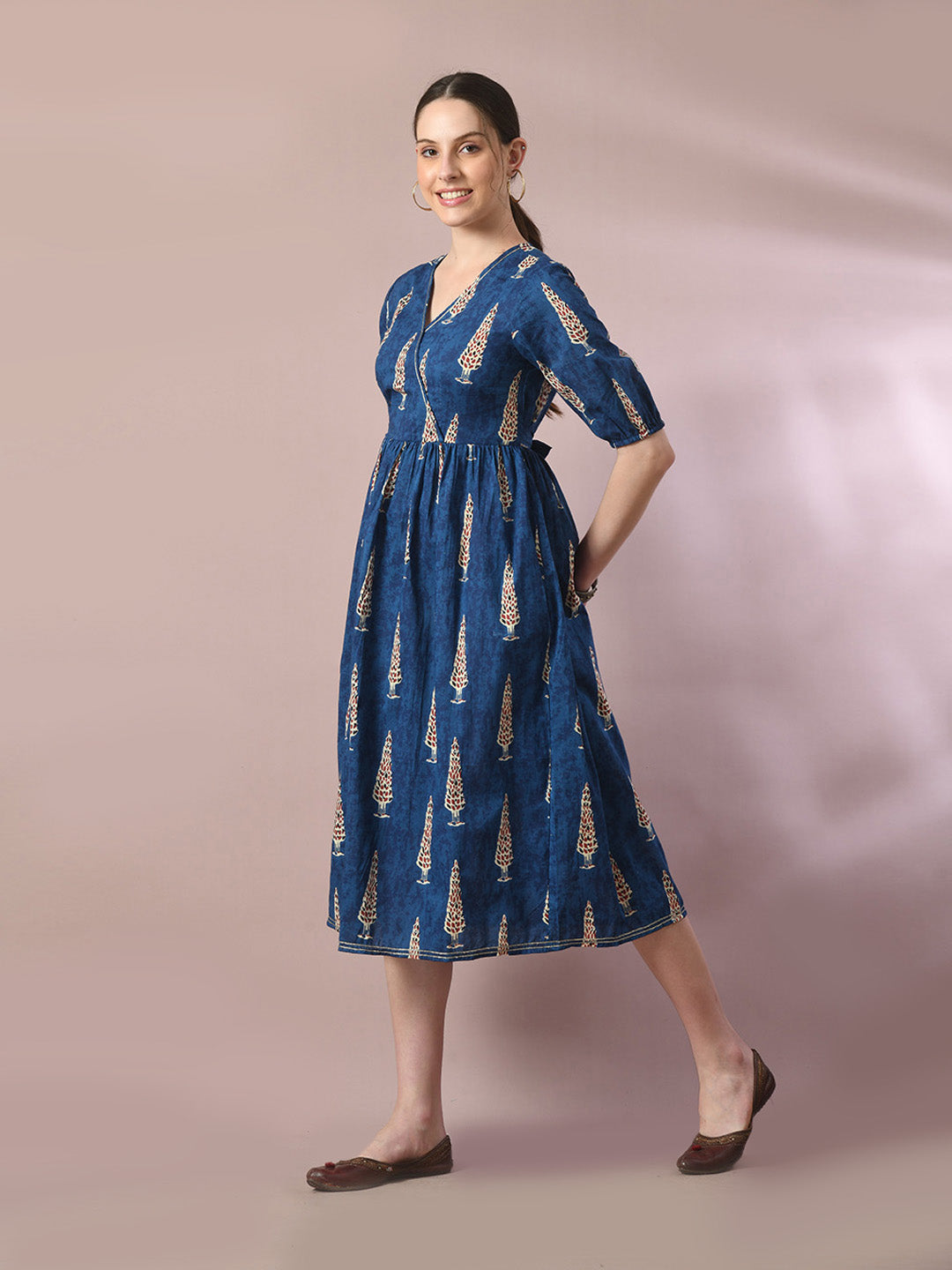 Women's Blue Printed Cotton V-Neck Empire Party Dress - Myshka