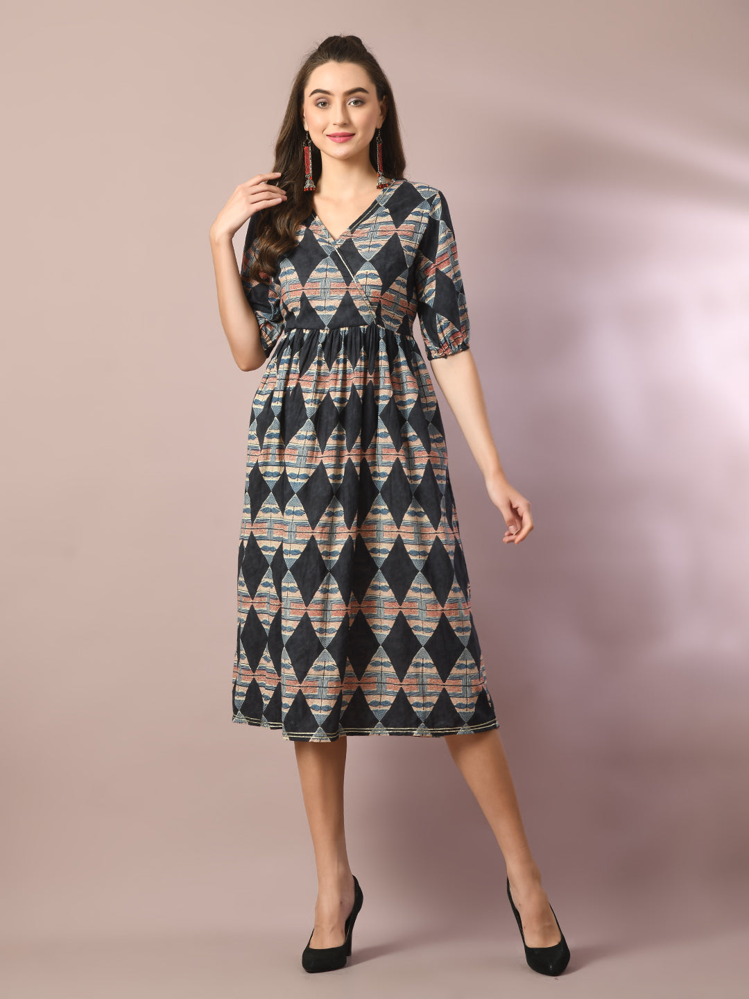 Myshka Women's Multi Printed Cotton V-Neck Empire Party Dress