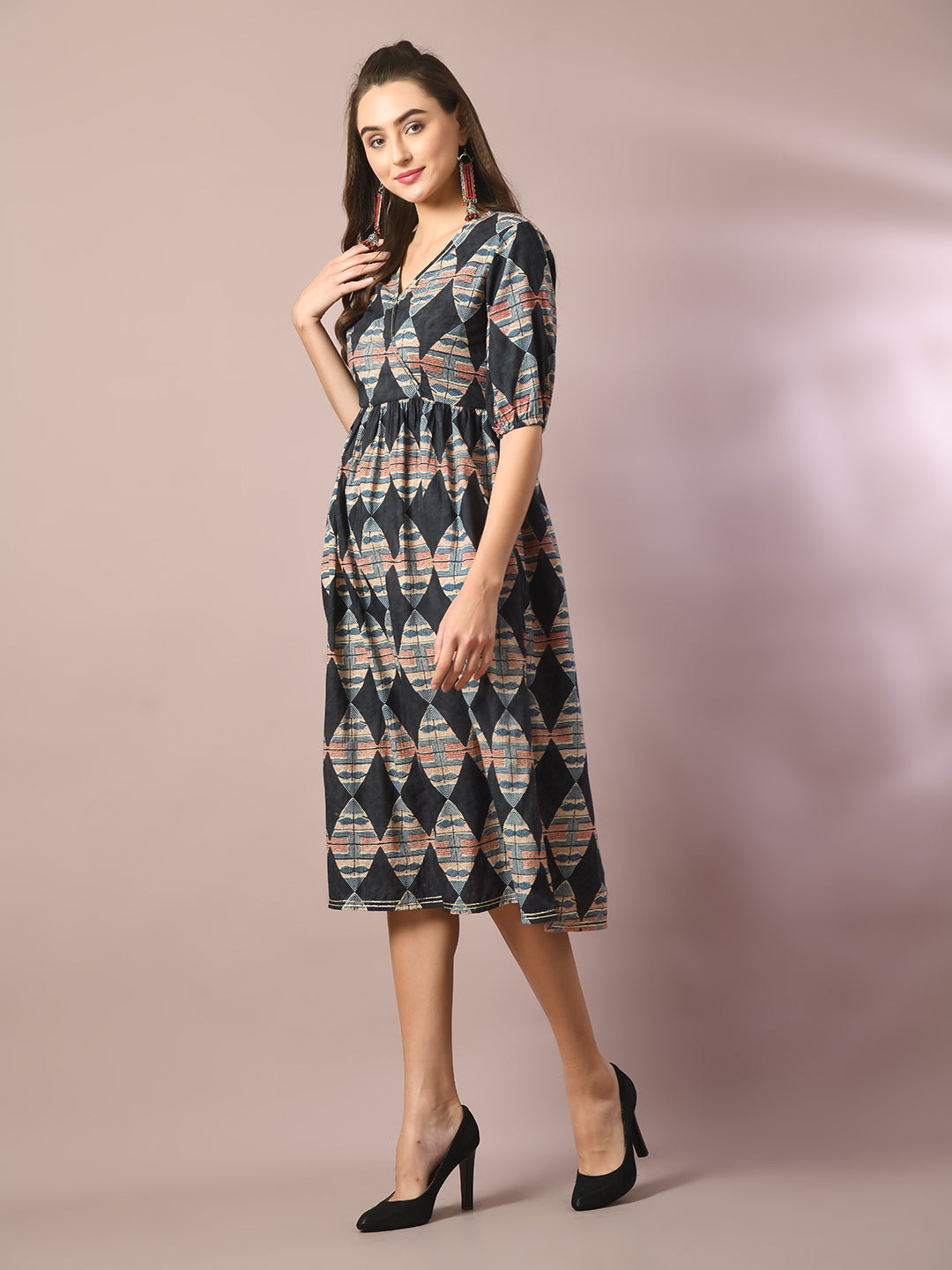 Myshka Women's Multi Printed Cotton V-Neck Empire Party Dress