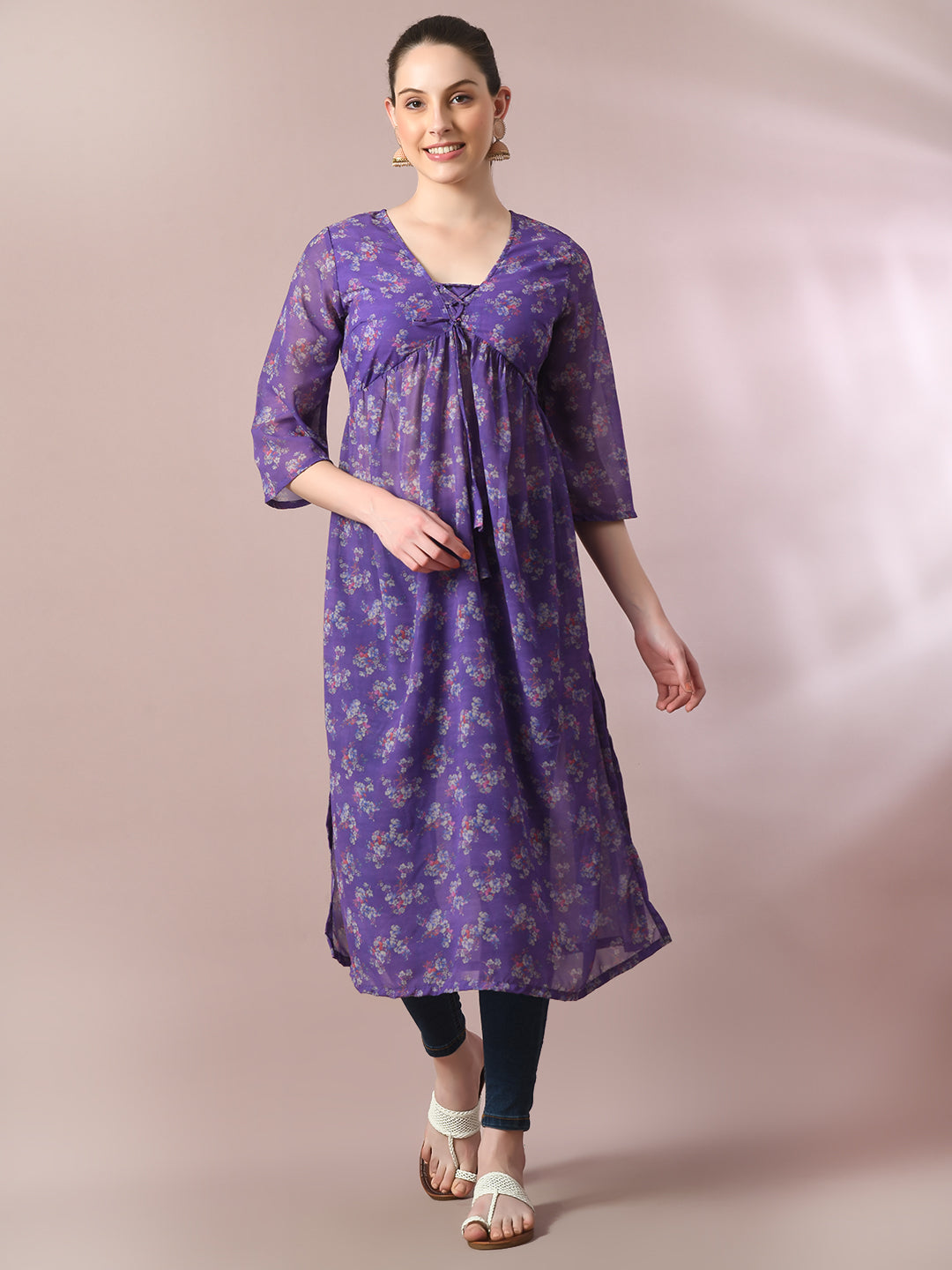 Women's Purple Printed Georgette A-Line Nyra-Cut Kurta - Myshka