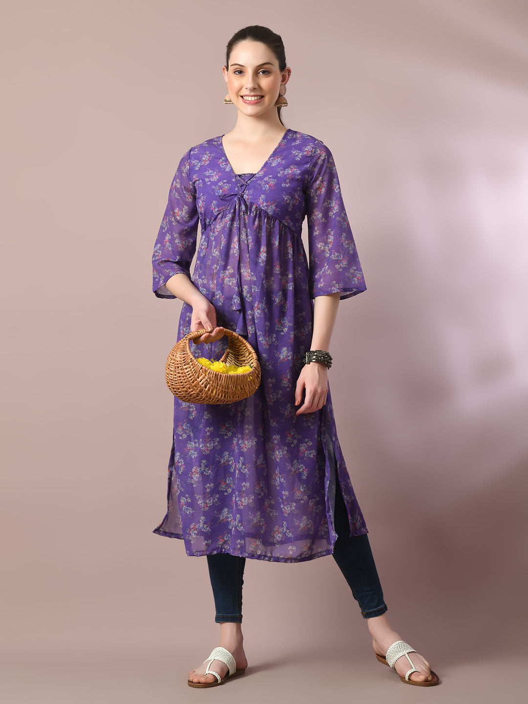 Women's Purple Printed Georgette A-Line Nyra-Cut Kurta - Myshka