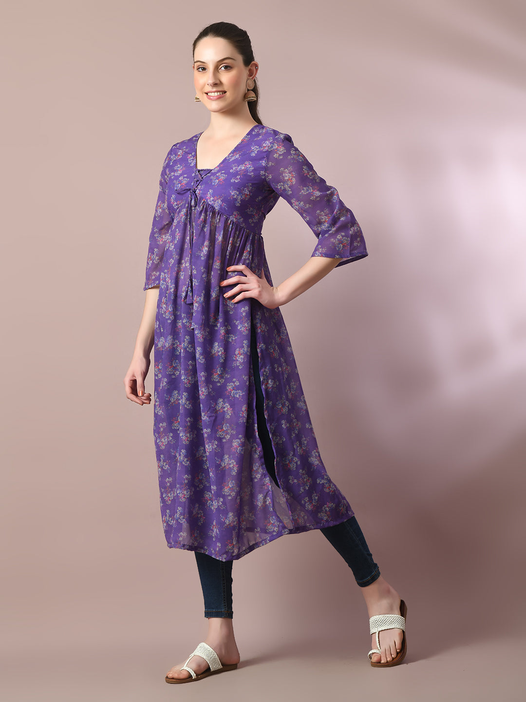 Women's Purple Printed Georgette A-Line Nyra-Cut Kurta - Myshka