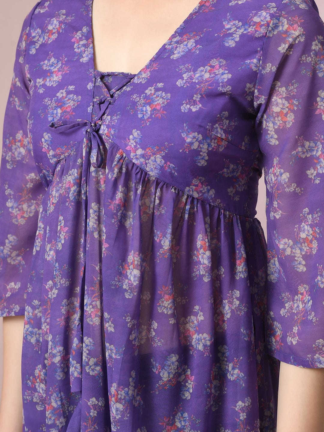 Women's Purple Printed Georgette A-Line Nyra-Cut Kurta - Myshka