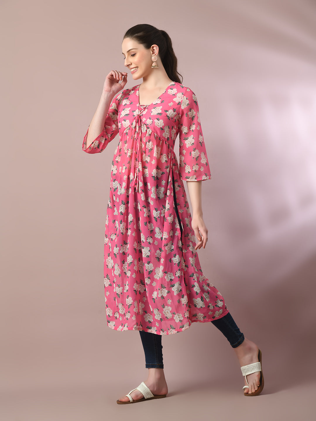 Myshka Women's Pink Printed Georgette A-Line Nyra-Cut Kurta