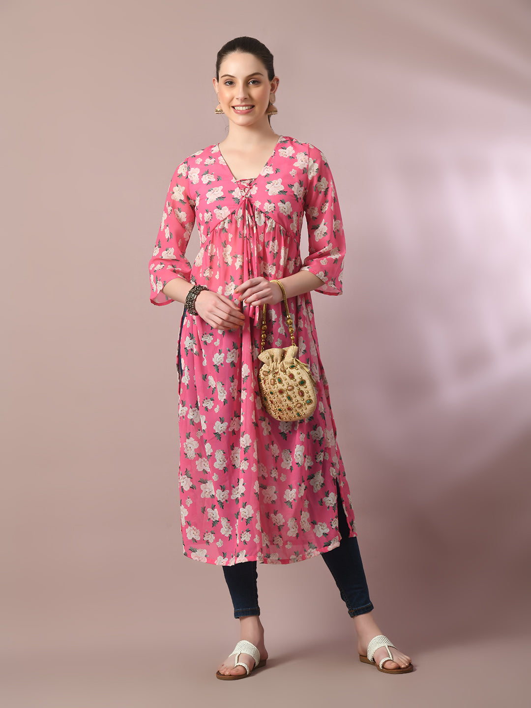 Myshka Women's Pink Printed Georgette A-Line Nyra-Cut Kurta
