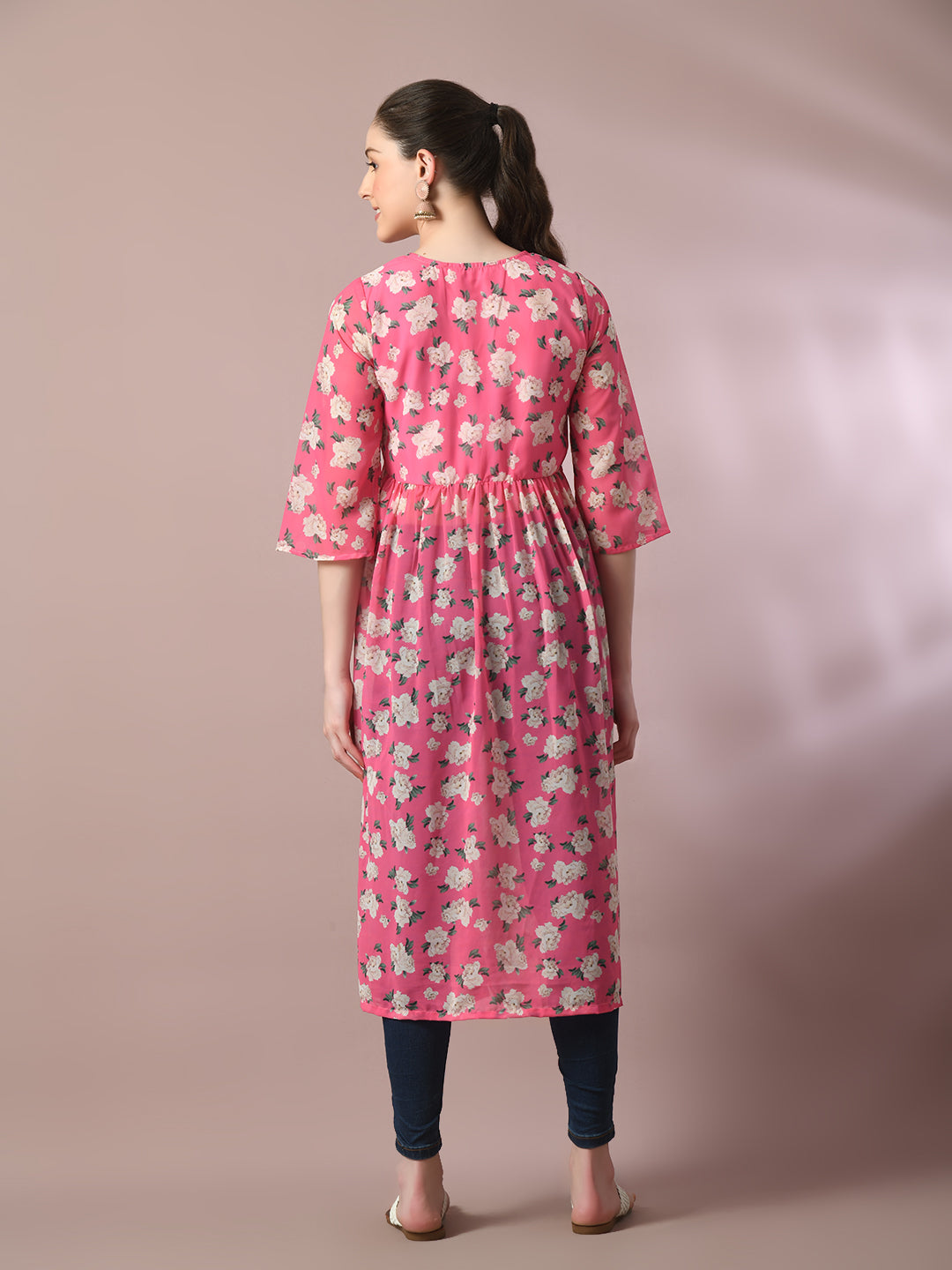 Myshka Women's Pink Printed Georgette A-Line Nyra-Cut Kurta