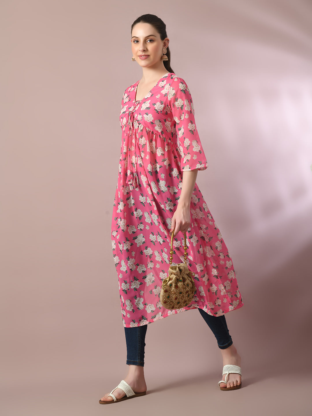 Myshka Women's Pink Printed Georgette A-Line Nyra-Cut Kurta