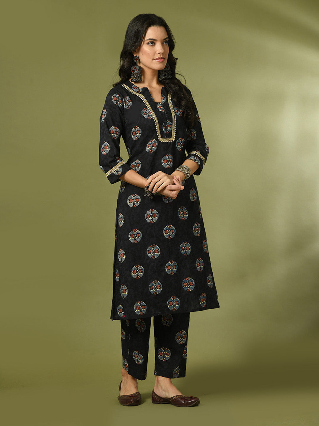 Women's Black Printed Cotton Straight Party Kurta Sets - Myshka
