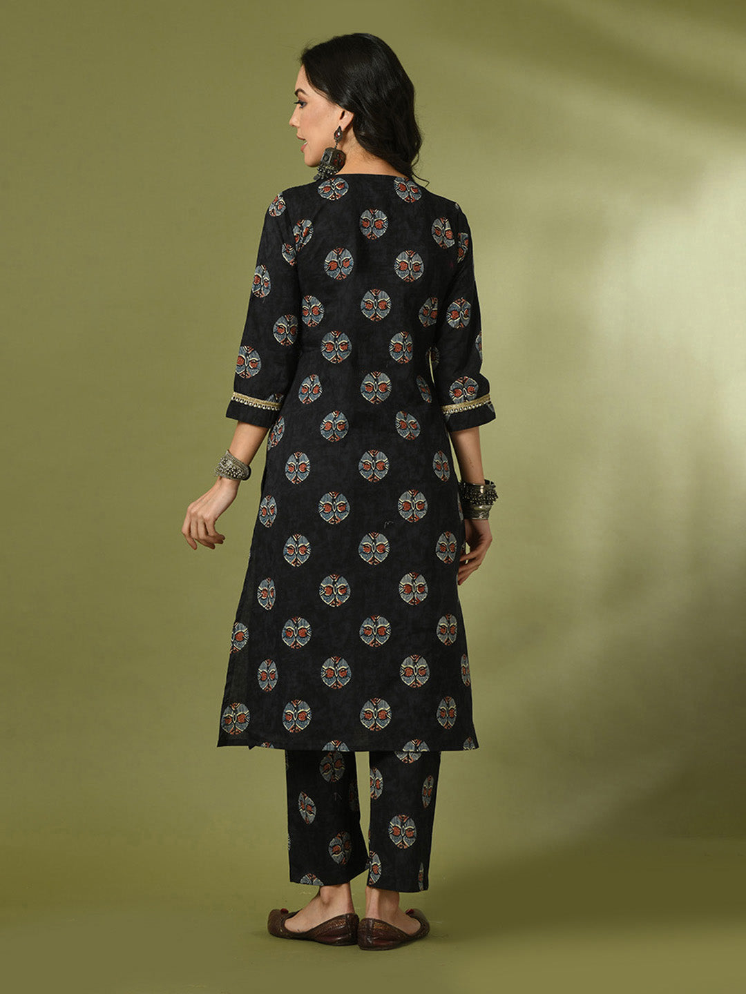 Women's Black Printed Cotton Straight Party Kurta Sets - Myshka