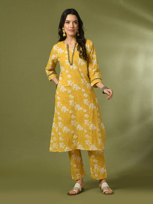 Myshka Women's Yellow Printed Cotton Straight Party Kurta Sets
