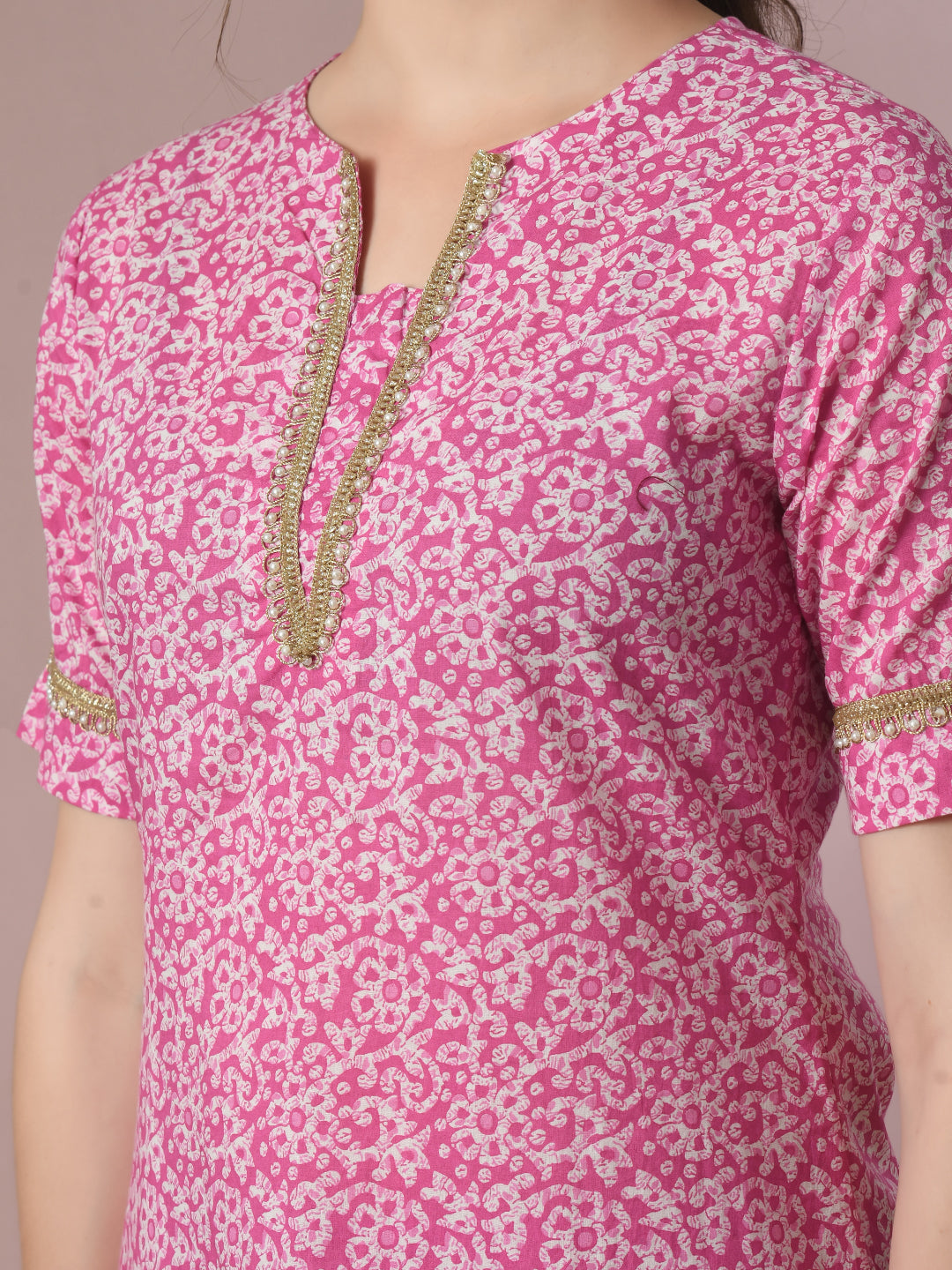 Women's Pink Printed Cotton Straight Party Kurta Sets - Myshka