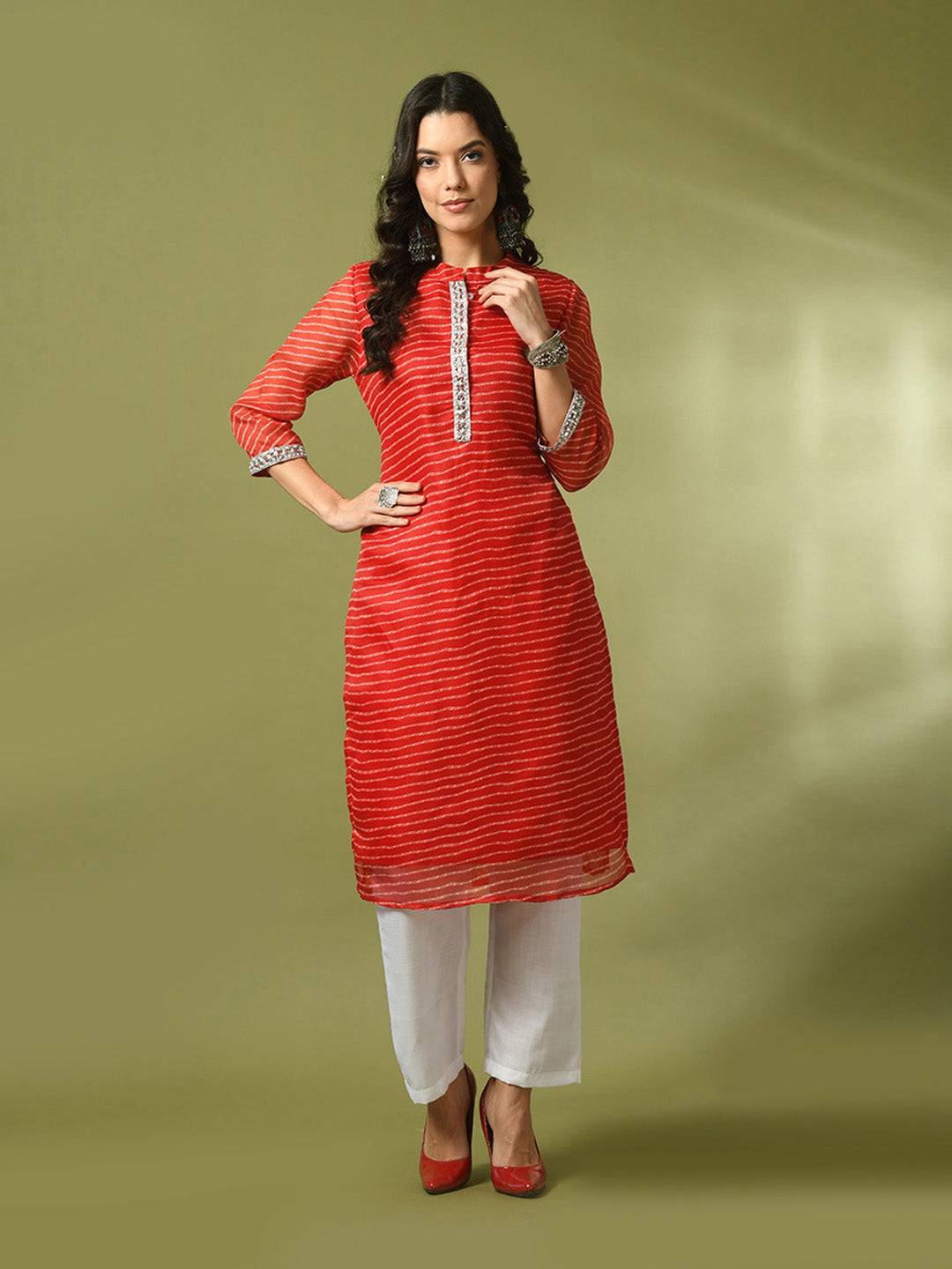 Women's Red Printed Cotton Blend Straight Party Kurta Sets - Myshka