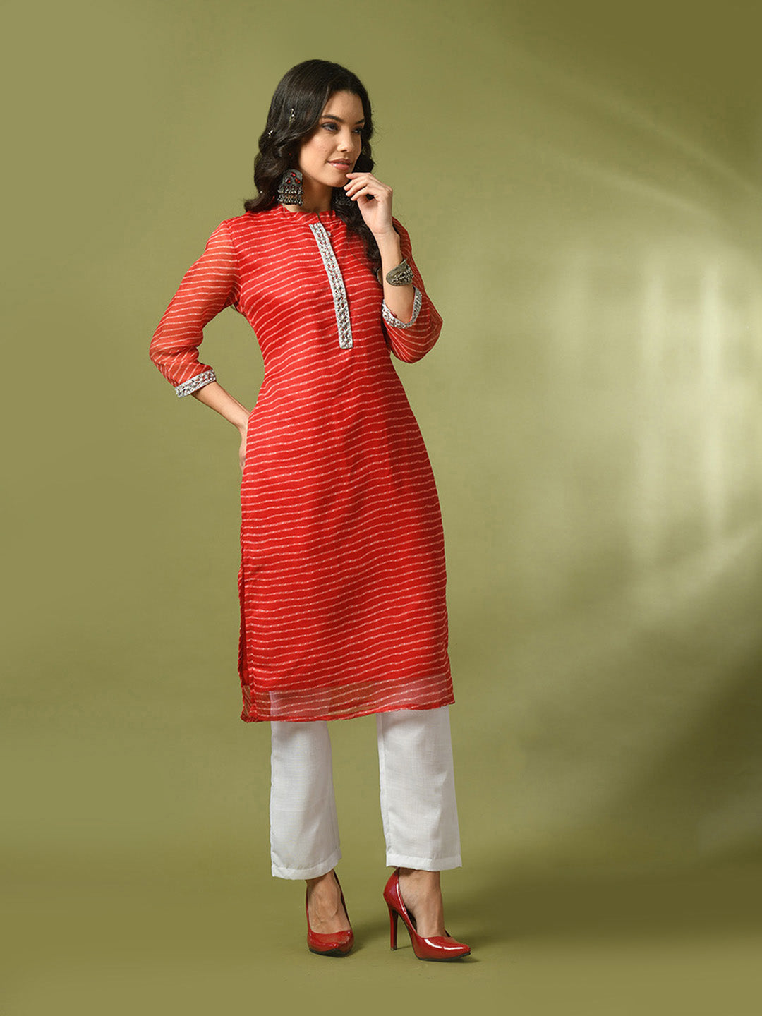 Women's Red Printed Cotton Blend Straight Party Kurta Sets - Myshka