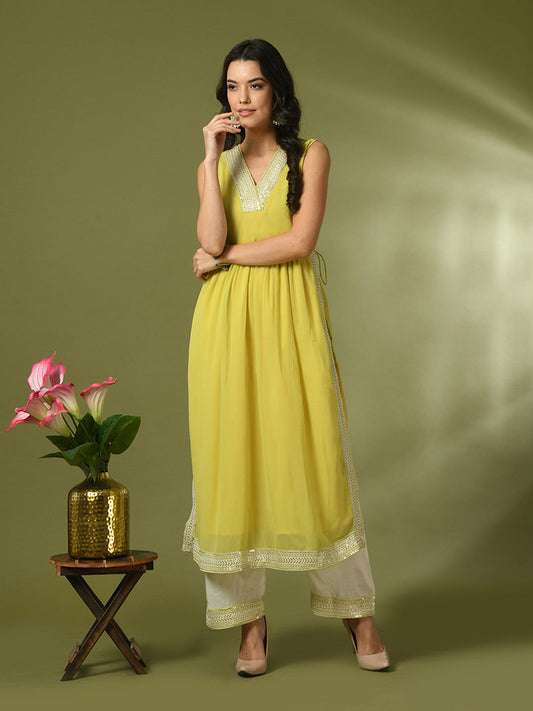 Myshka Women's Yellow Solid Georgette Anarkali Party Kurta Sets