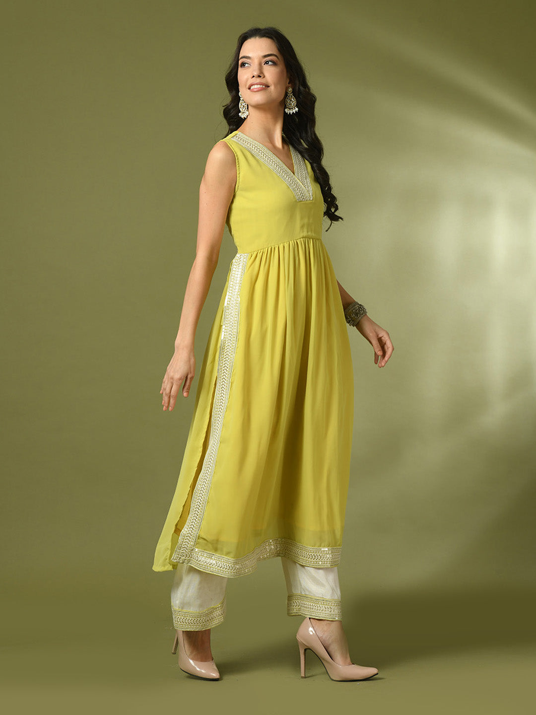 Myshka Women's Yellow Solid Georgette Anarkali Party Kurta Sets