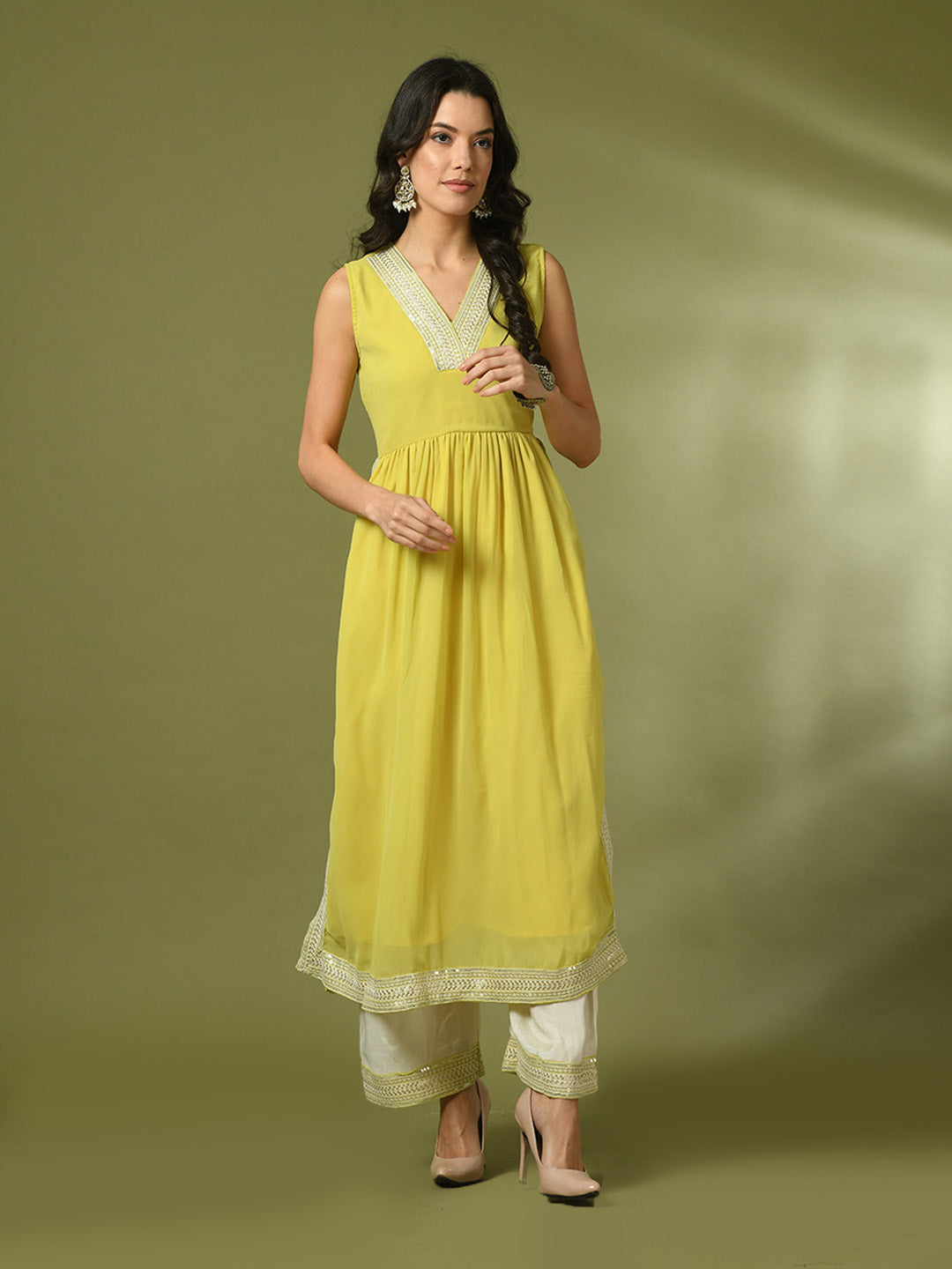 Myshka Women's Yellow Solid Georgette Anarkali Party Kurta Sets
