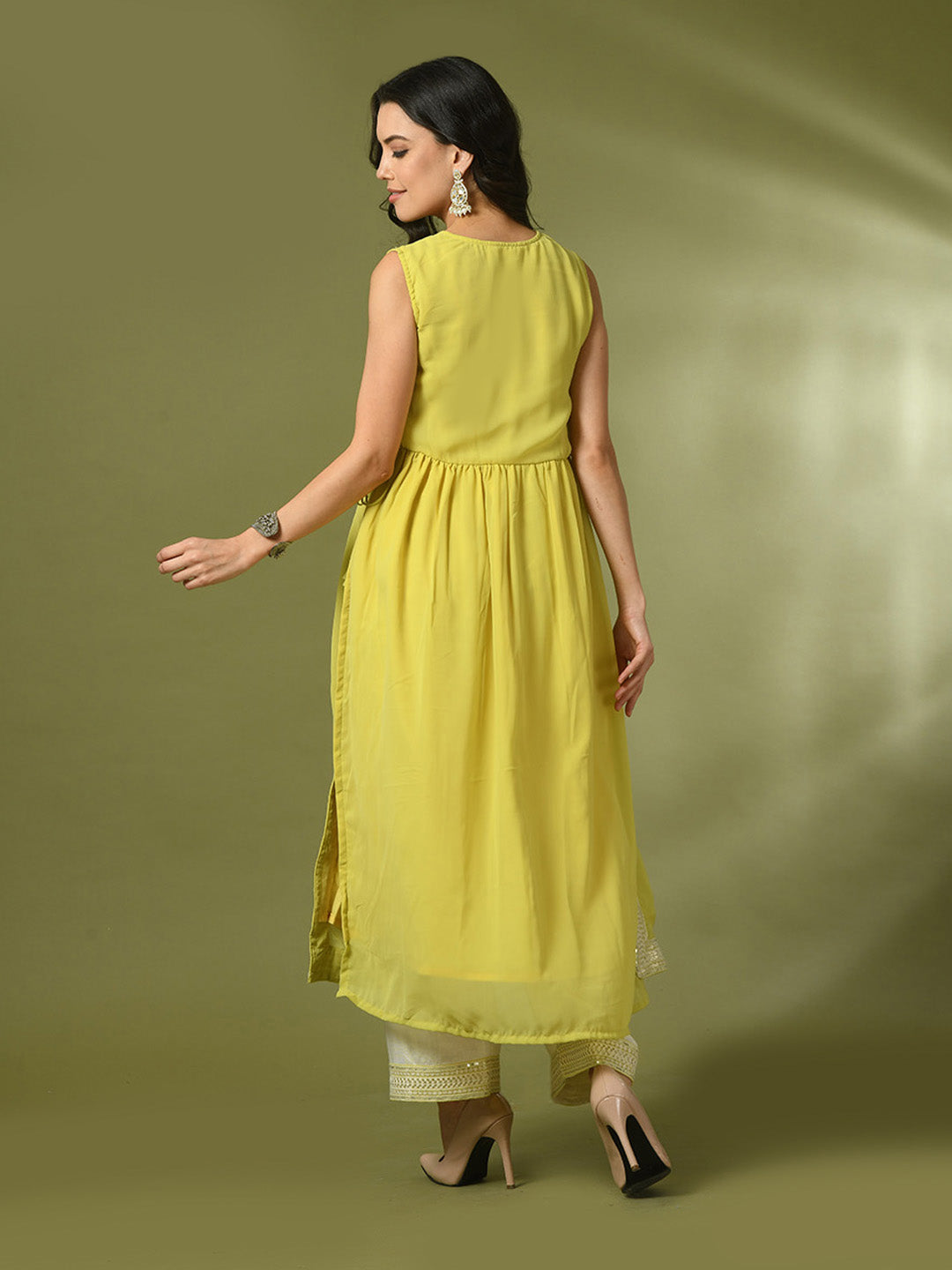 Myshka Women's Yellow Solid Georgette Anarkali Party Kurta Sets