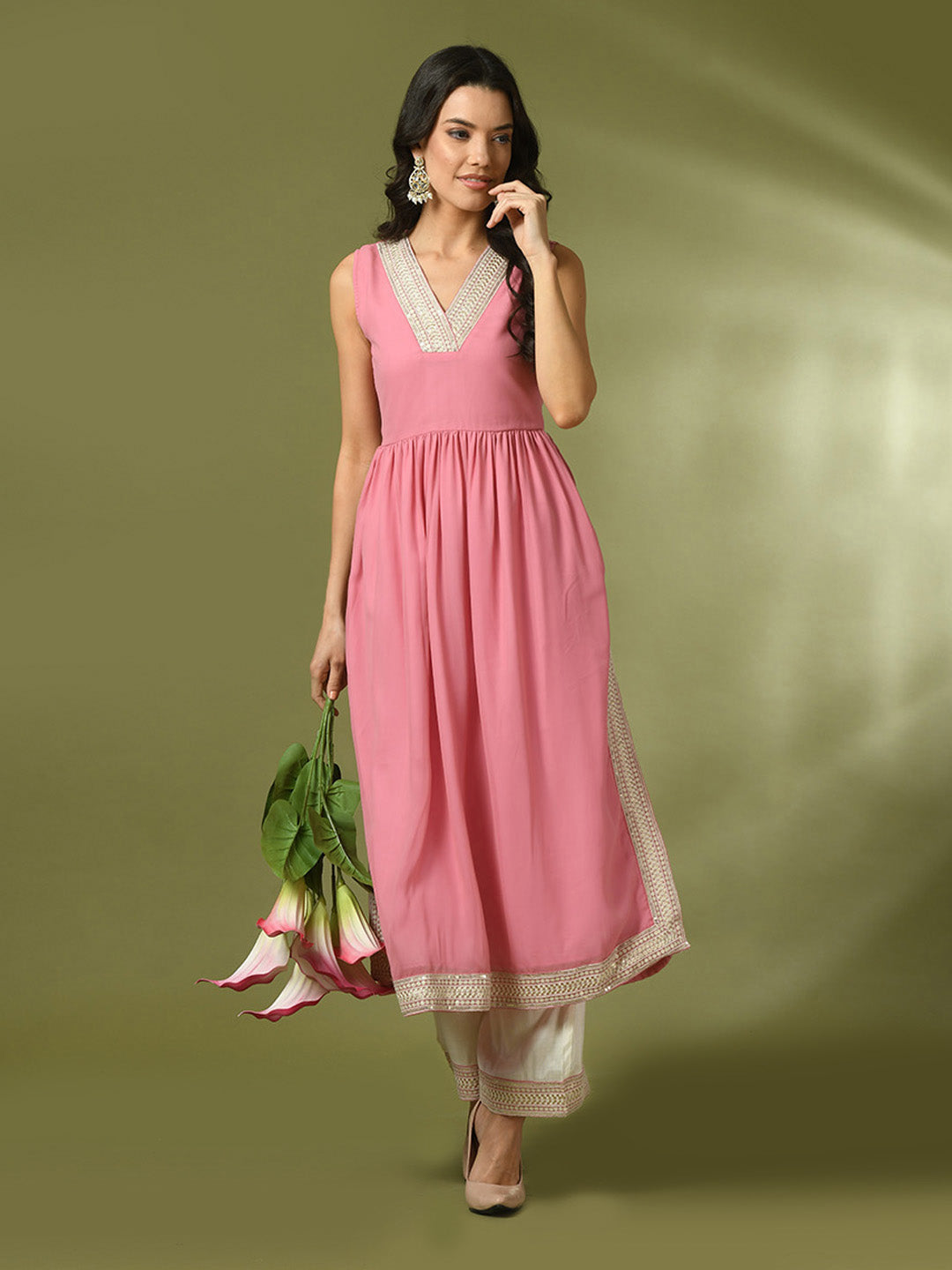 Women's Pink Solid Georgette Anarkali Party Kurta Sets - Myshka