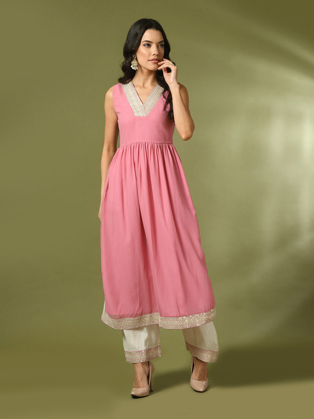 Women's Pink Solid Georgette Anarkali Party Kurta Sets - Myshka