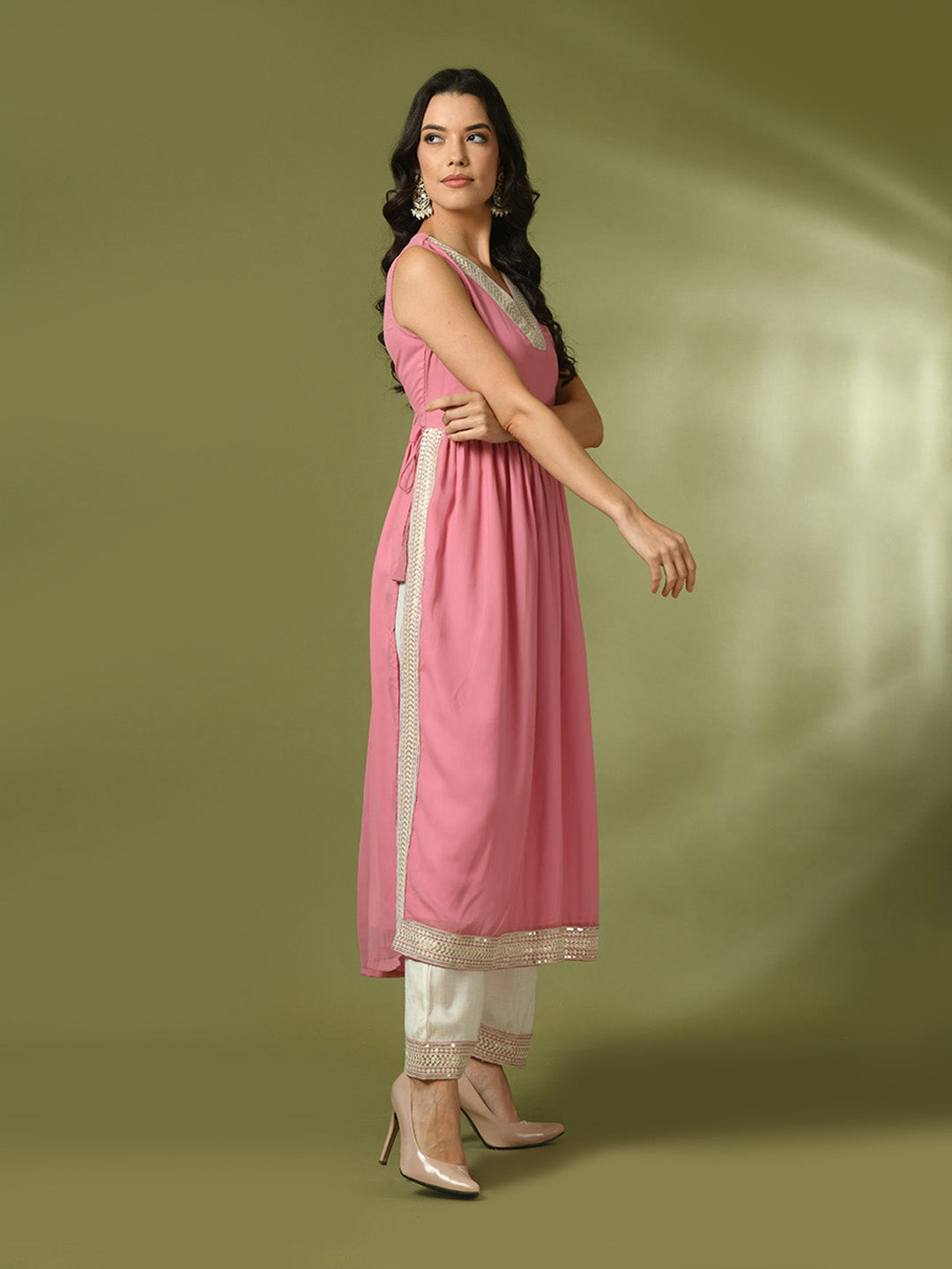 Women's Pink Solid Georgette Anarkali Party Kurta Sets - Myshka