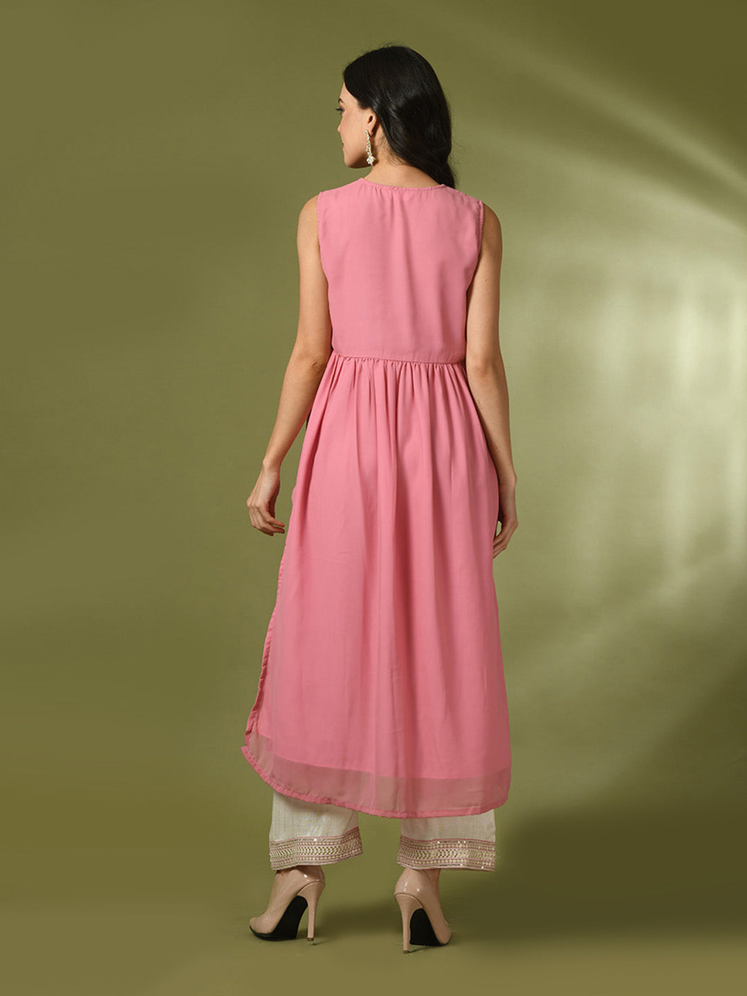 Women's Pink Solid Georgette Anarkali Party Kurta Sets - Myshka