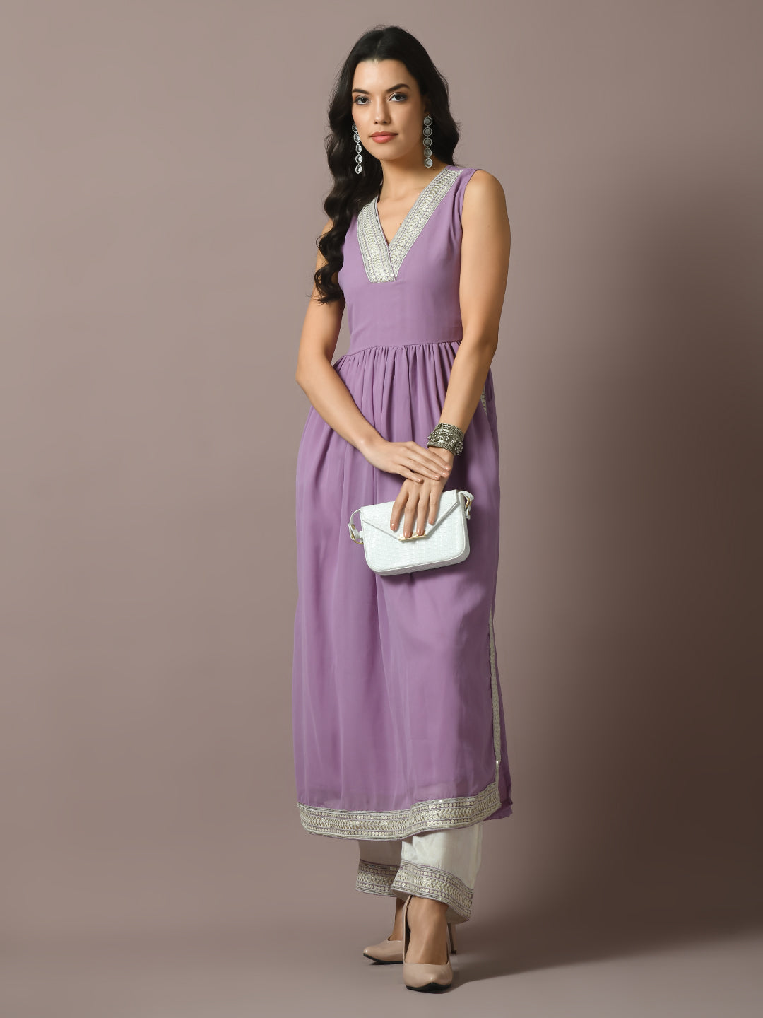 Myshka Women's Lavender Solid Georgette Anarkali Party Kurta Sets