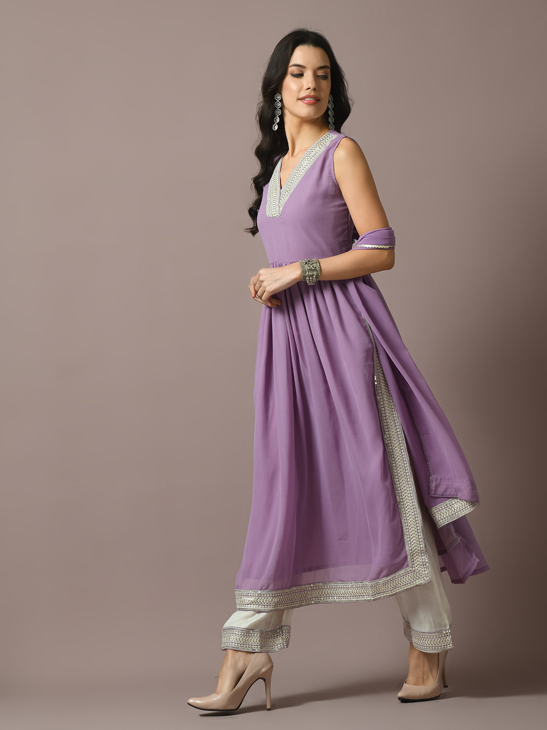 Myshka Women's Lavender Solid Georgette Anarkali Party Kurta Sets
