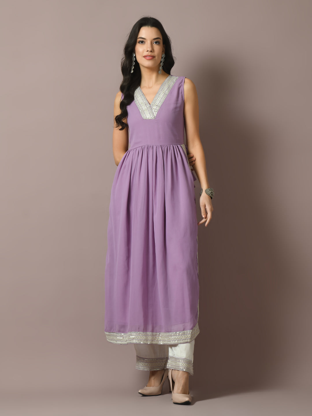 Myshka Women's Lavender Solid Georgette Anarkali Party Kurta Sets
