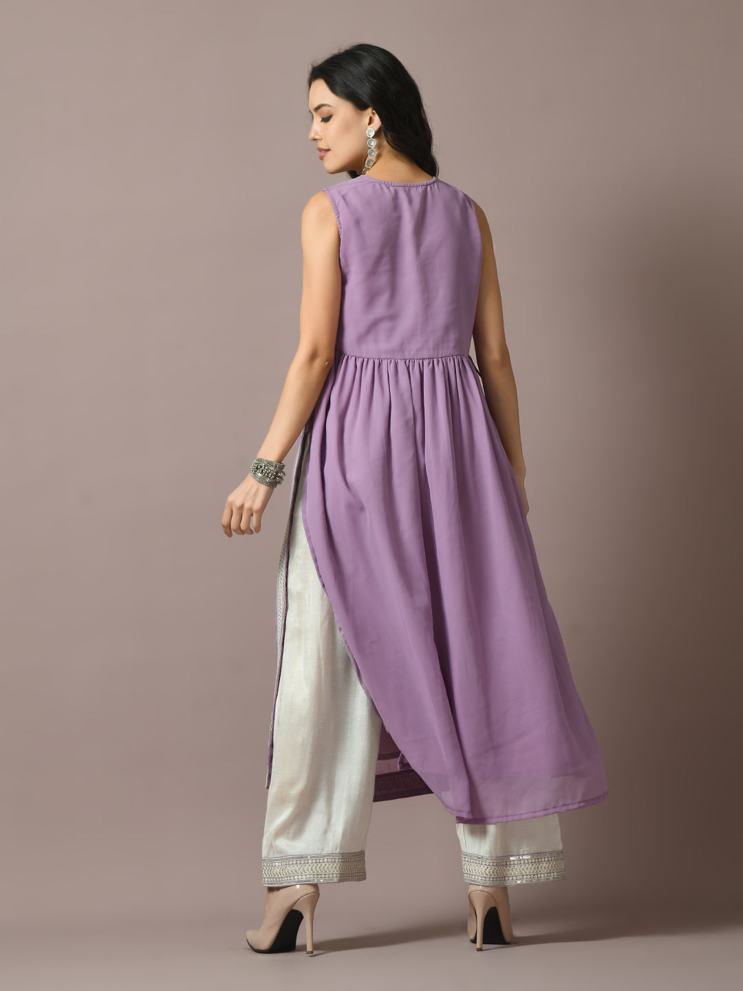 Myshka Women's Lavender Solid Georgette Anarkali Party Kurta Sets