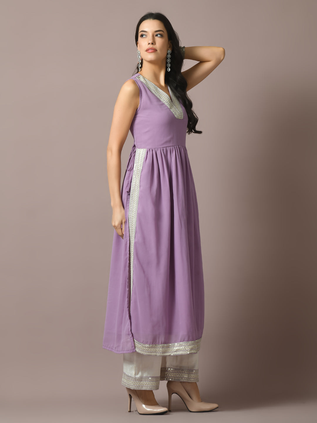 Myshka Women's Lavender Solid Georgette Anarkali Party Kurta Sets
