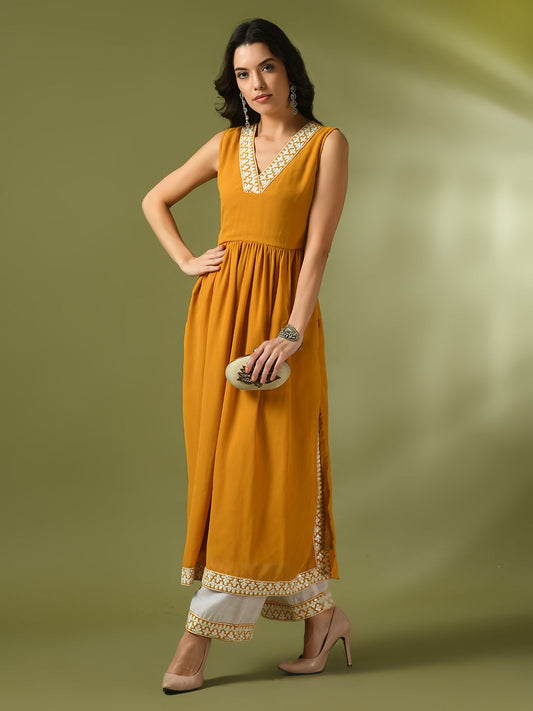 Myshka Women's Yellow Solid Georgette Anarkali Party Kurta Sets