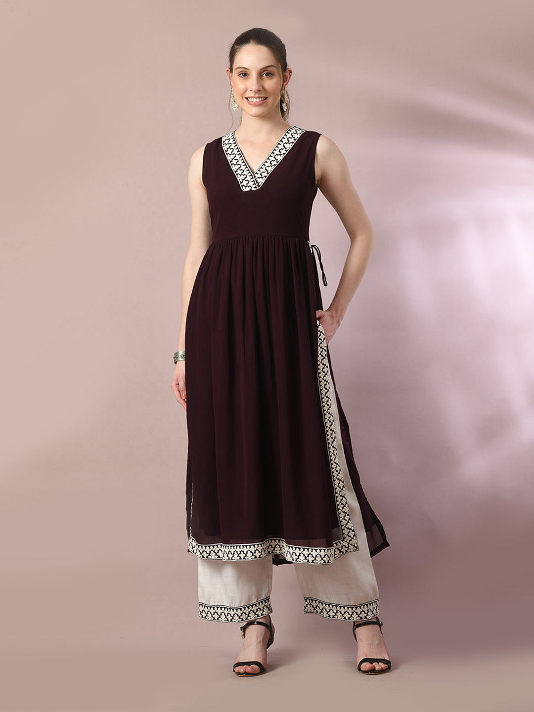Women's Coffee Brown Solid Georgette Anarkali Party Kurta Sets - Myshka