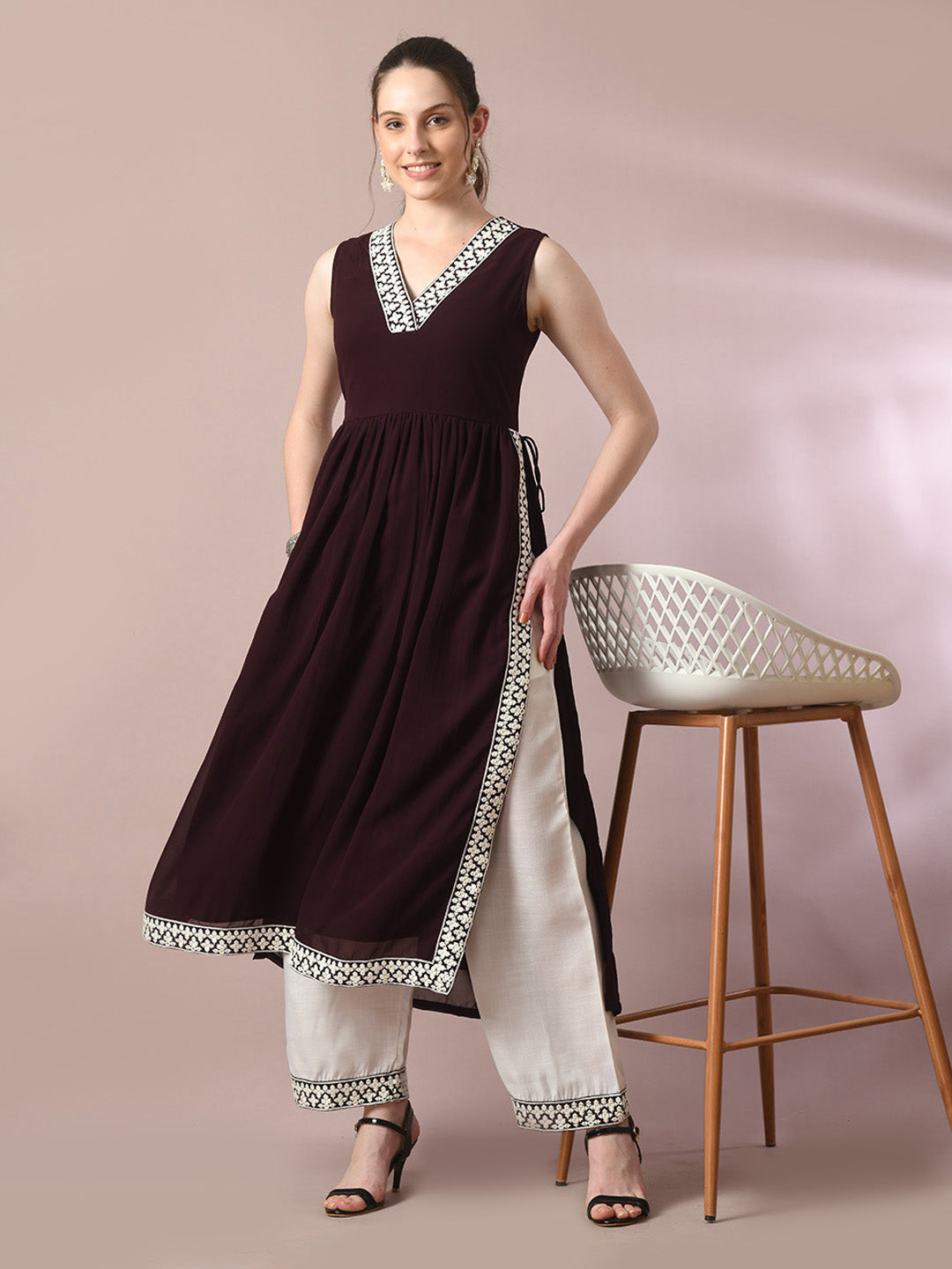 Women's Coffee Brown Solid Georgette Anarkali Party Kurta Sets - Myshka