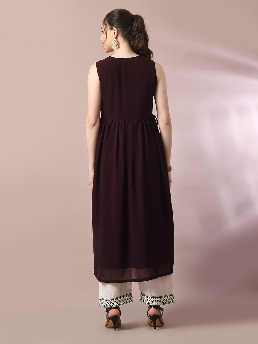 Women's Coffee Brown Solid Georgette Anarkali Party Kurta Sets - Myshka