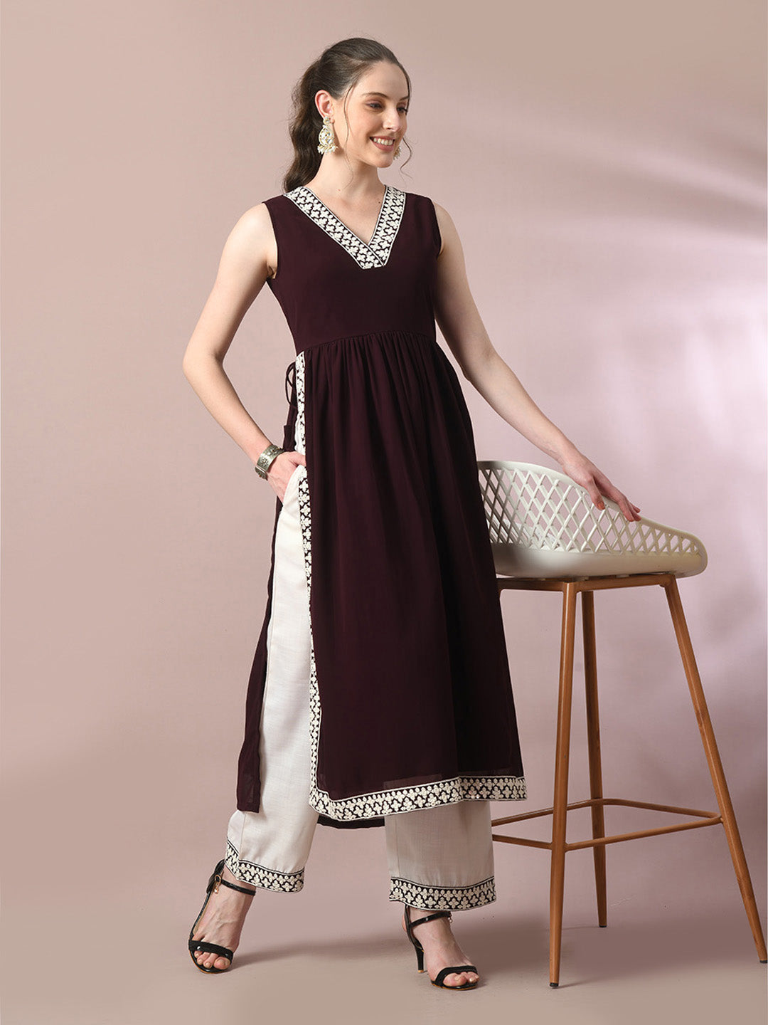 Women's Coffee Brown Solid Georgette Anarkali Party Kurta Sets - Myshka
