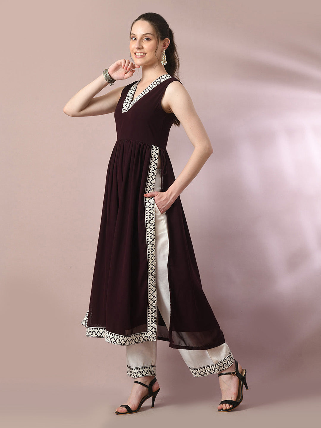 Myshka Women's Coffee Brown Solid Georgette Anarkali Party Kurta Sets