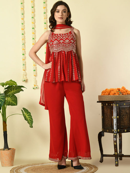 Myshka Women's Red Georgette Top & Palazzos With Dupatta Party Sets Myshka