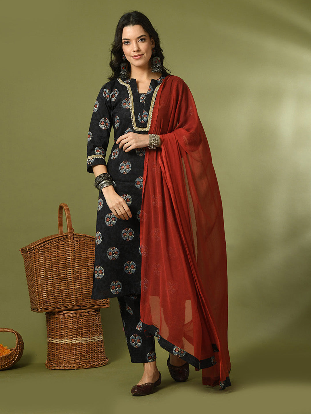 Women's Black Printed Cotton Straight Party Kurta Sets With Dupatta - Myshka