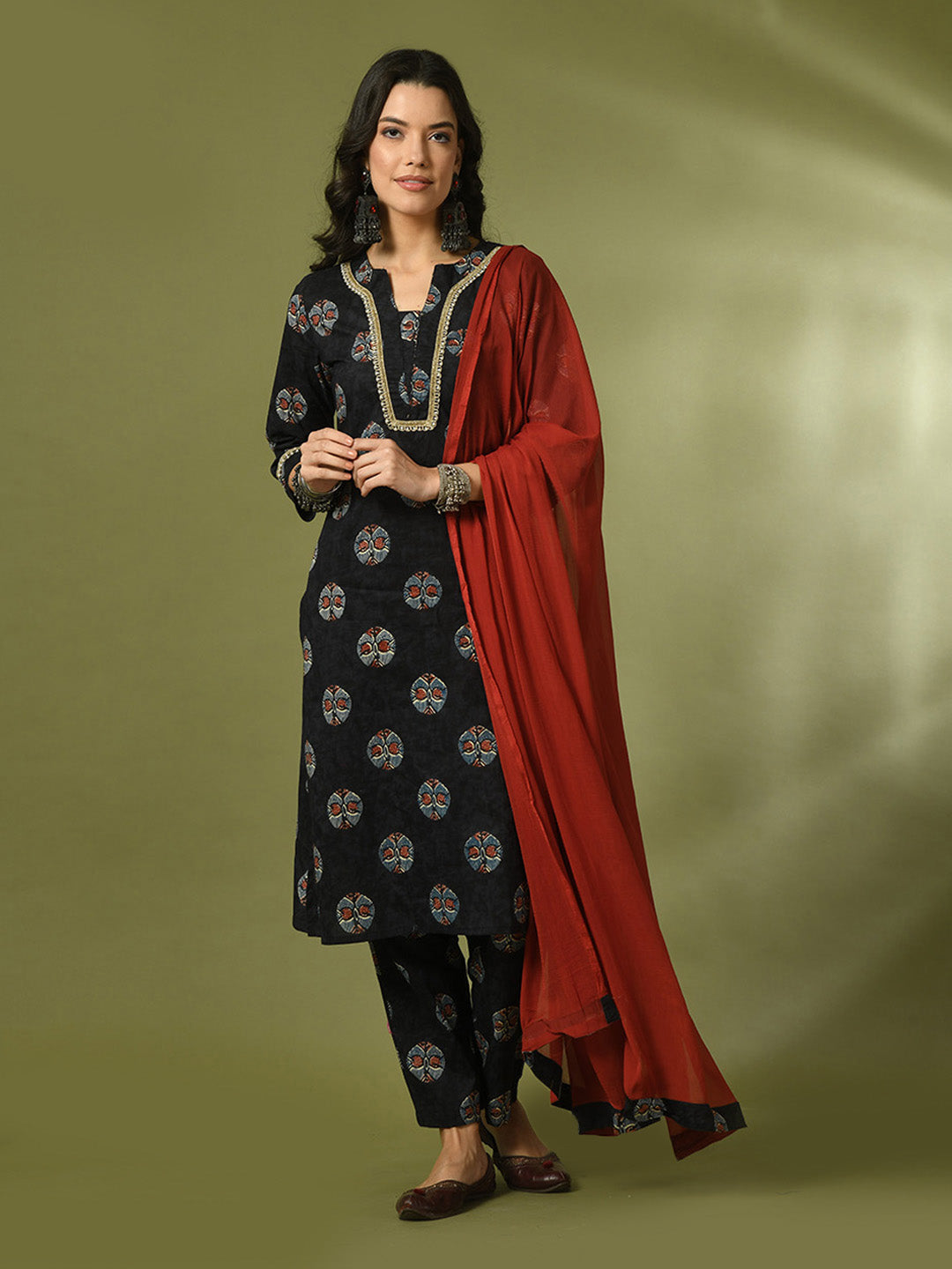 Women's Black Printed Cotton Straight Party Kurta Sets With Dupatta - Myshka