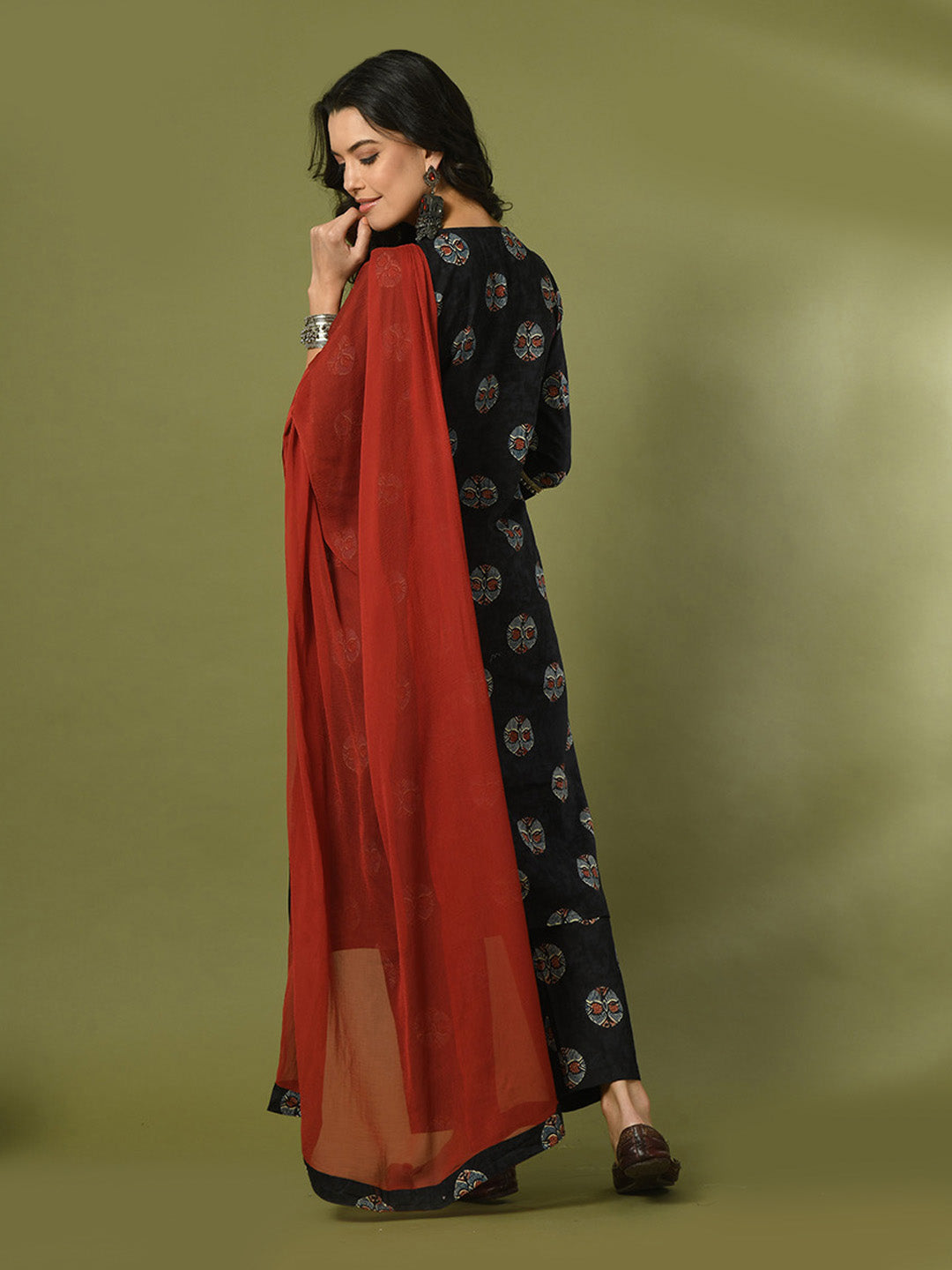 Women's Black Printed Cotton Straight Party Kurta Sets With Dupatta - Myshka