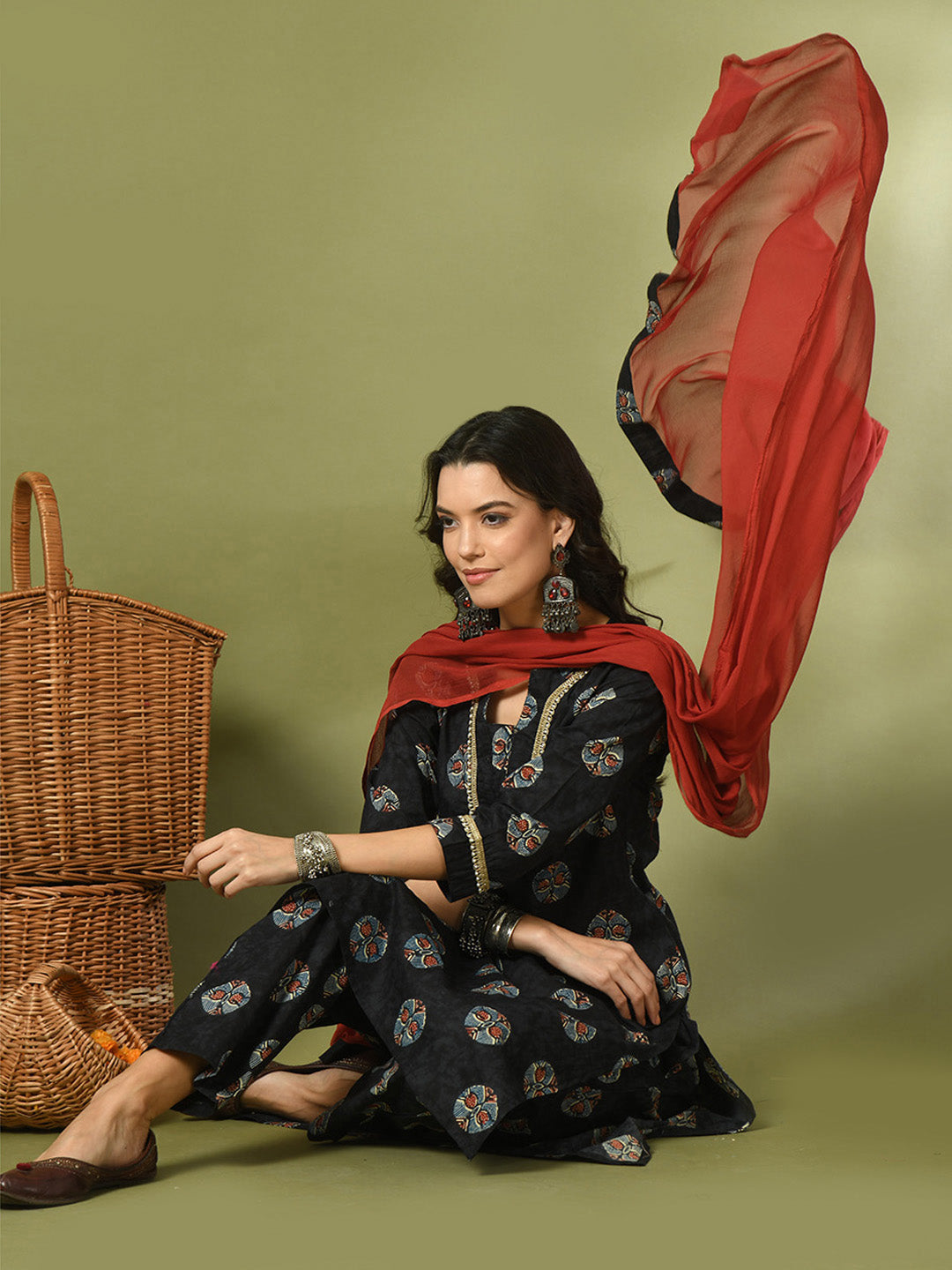 Women's Black Printed Cotton Straight Party Kurta Sets With Dupatta - Myshka