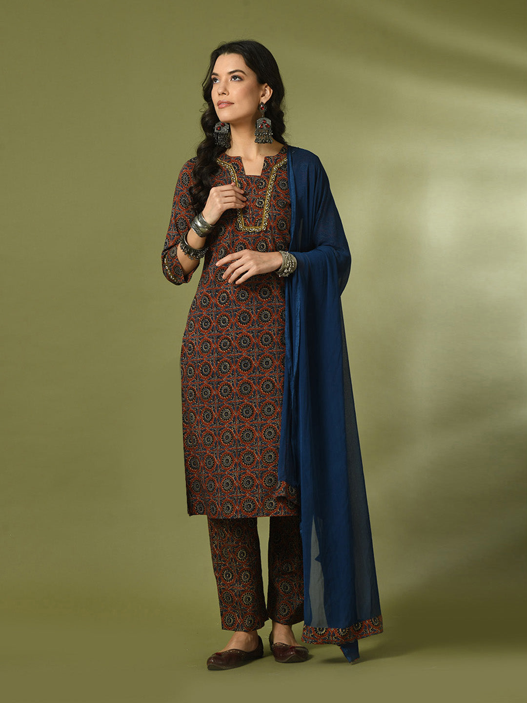 Women's Multi Printed Cotton Straight Party Kurta Sets With Dupatta - Myshka