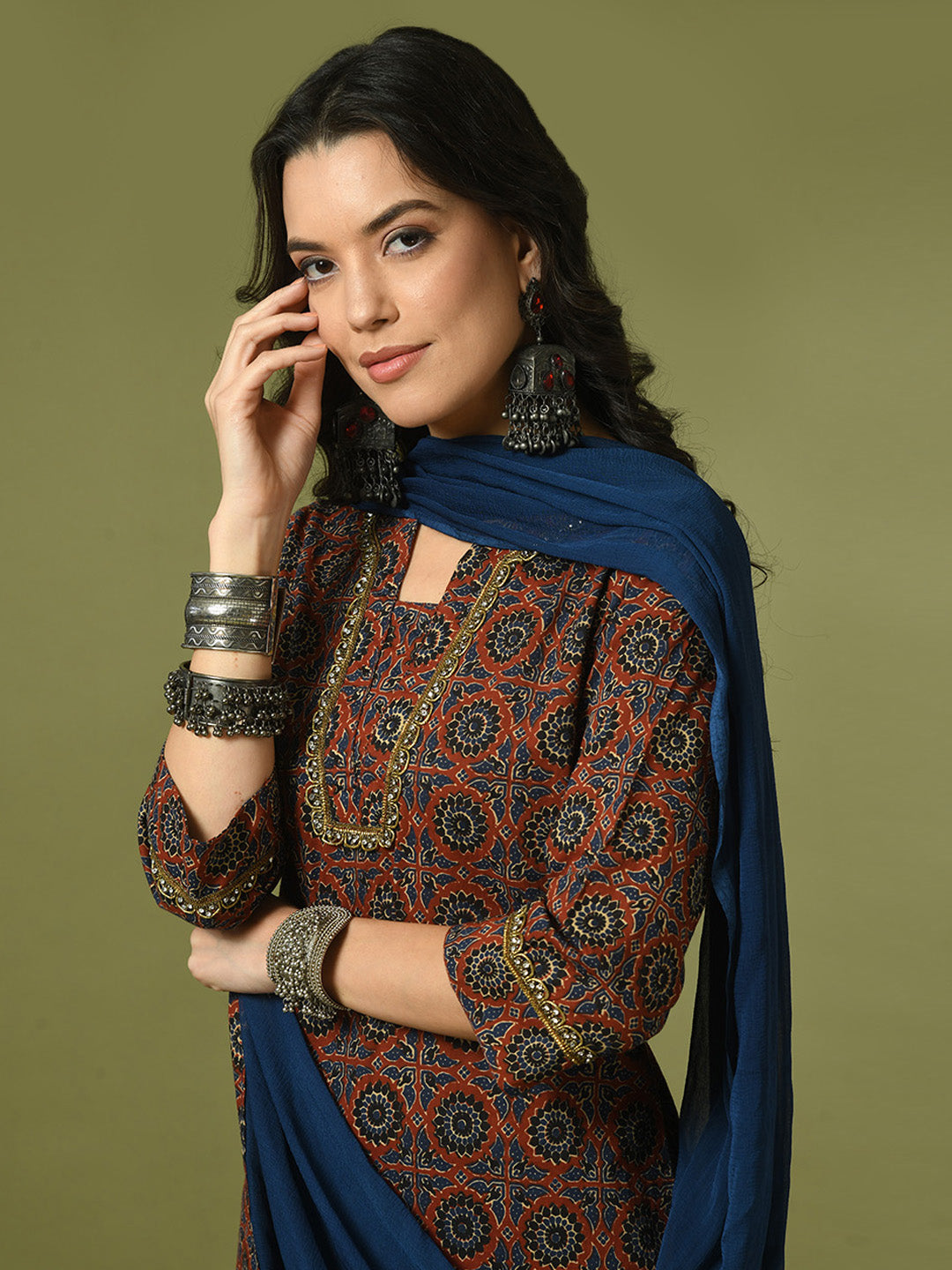 Women's Multi Printed Cotton Straight Party Kurta Sets With Dupatta - Myshka