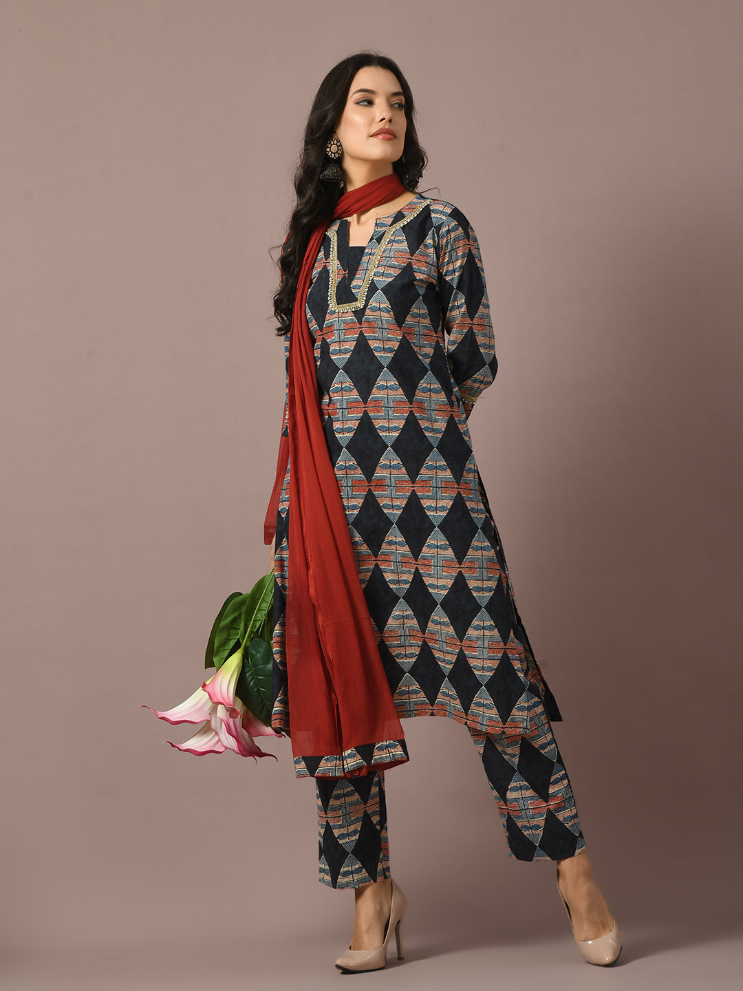 Women's Multi Printed Cotton Straight Party Kurta Sets With Dupatta - Myshka