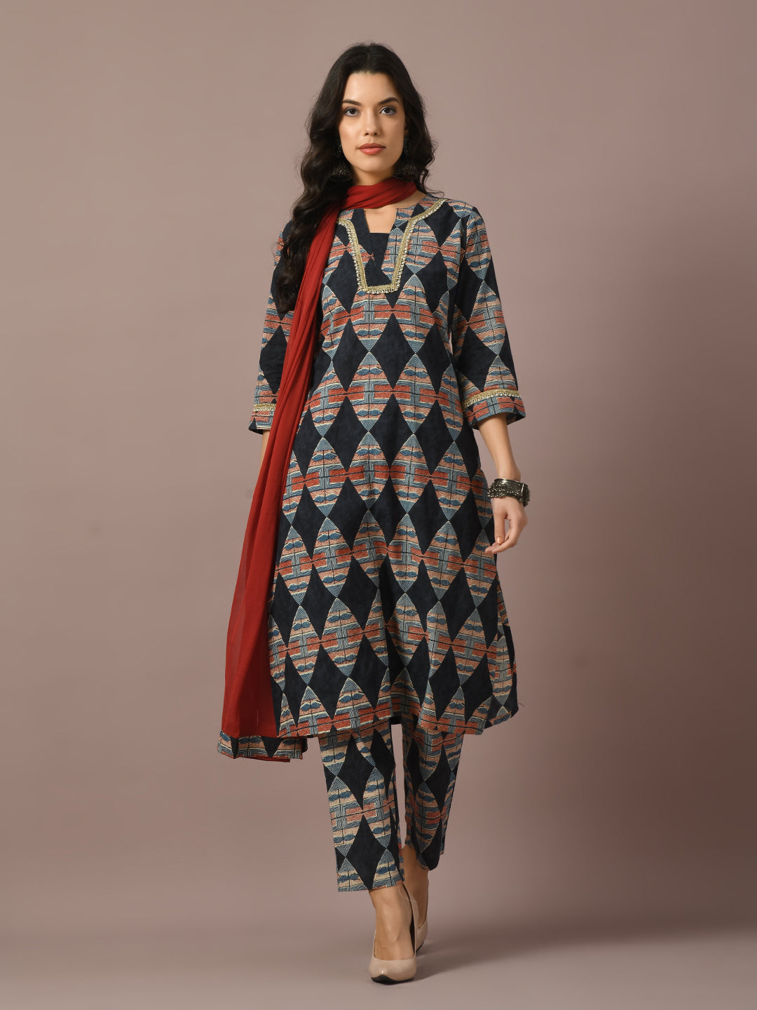 Women's Multi Printed Cotton Straight Party Kurta Sets With Dupatta - Myshka