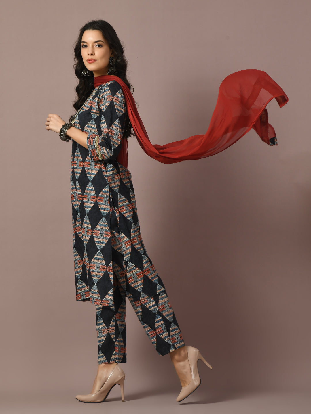Women's Multi Printed Cotton Straight Party Kurta Sets With Dupatta - Myshka