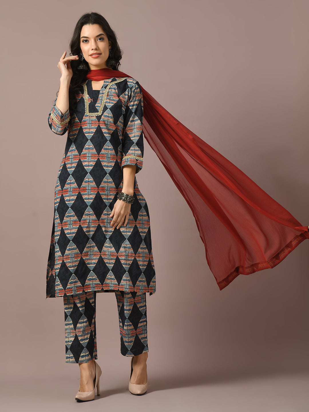 Women's Multi Printed Cotton Straight Party Kurta Sets With Dupatta - Myshka