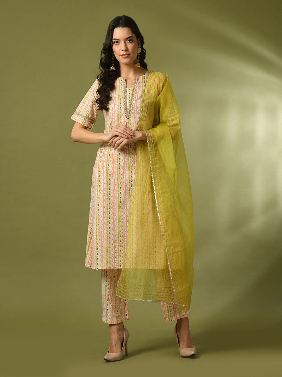 Women's Multi Printed Cotton Straight Party Kurta Sets With Dupatta - Myshka