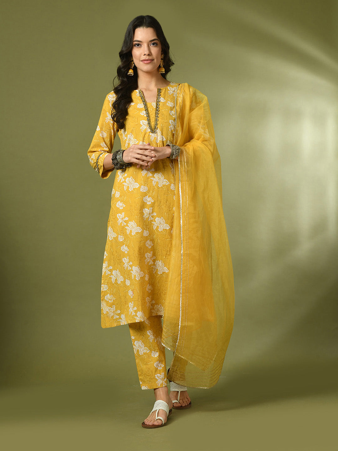 Women's Yellow Printed Cotton Straight Party Kurta Sets With Dupatta - Myshka