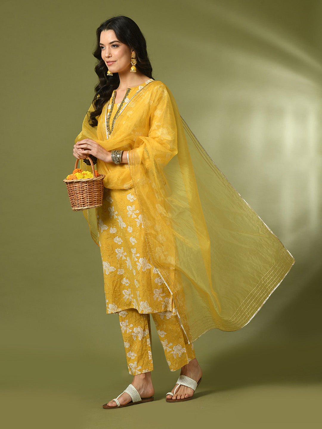 Women's Yellow Printed Cotton Straight Party Kurta Sets With Dupatta - Myshka
